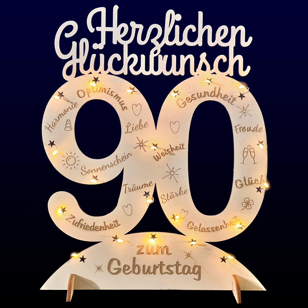 Leuchtender Aufsteller aus Holz zum 90. Geburtstag, mit 20 LEDs und gravierten Glückwünschen Leuchtender Aufsteller aus Holz zum 90. Geburtstag, mit 20 LEDs und gravierten Glückwünschen von Happygoods GmbH