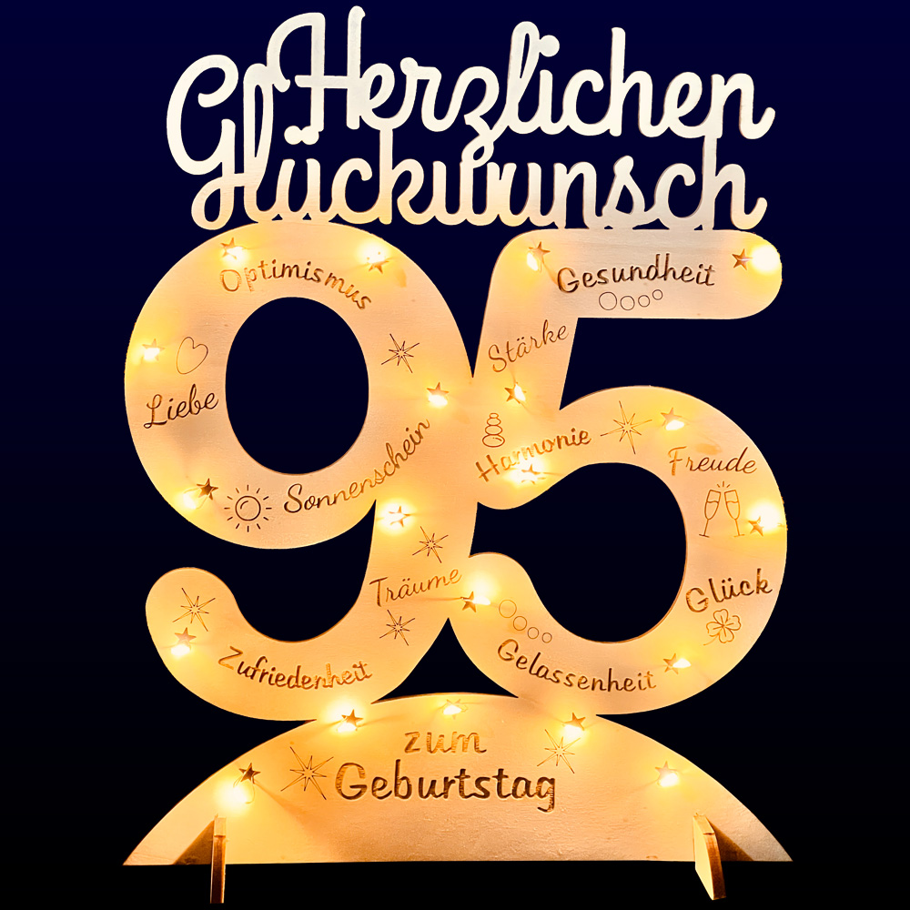 Leuchtender Aufsteller aus Holz zum 95. Geburtstag, mit 20 LEDs und gravierten Glückwünschen Leuchtender Aufsteller aus Holz zum 95. Geburtstag, mit 20 LEDs und gravierten Glückwünschen von Happygoods GmbH