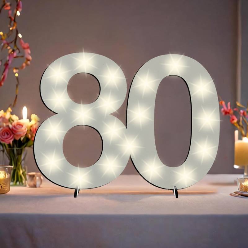 XXL Zahl weiß zum 80. Geburtstag, mit 20 LEDs, ca. 40cm x 30cm von Happygoods GmbH
