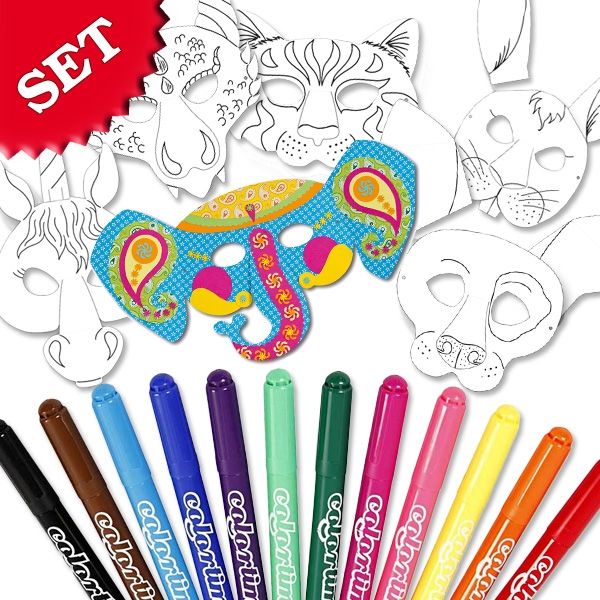 Malset für 6 hübsche Tiermasken +Gummi + 12 Colortime Filzmaler von Happygoods GmbH