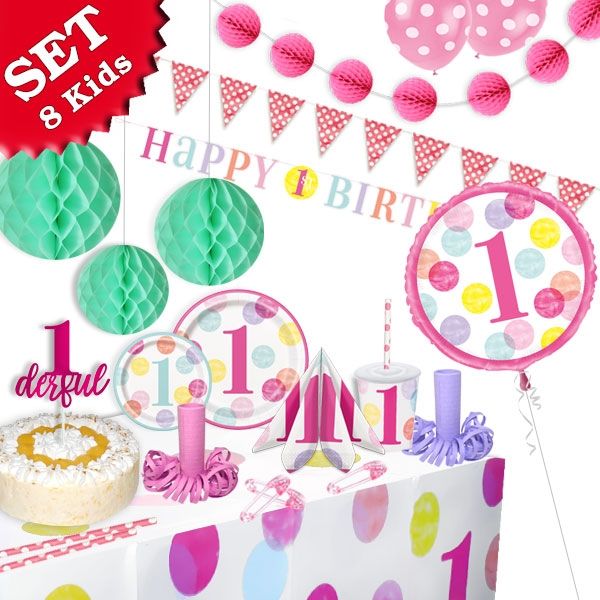 Mottoset XXL Pink Dots 1. Geburtstag Mädchen, 8 Kids, 76-tlg von Happygoods GmbH