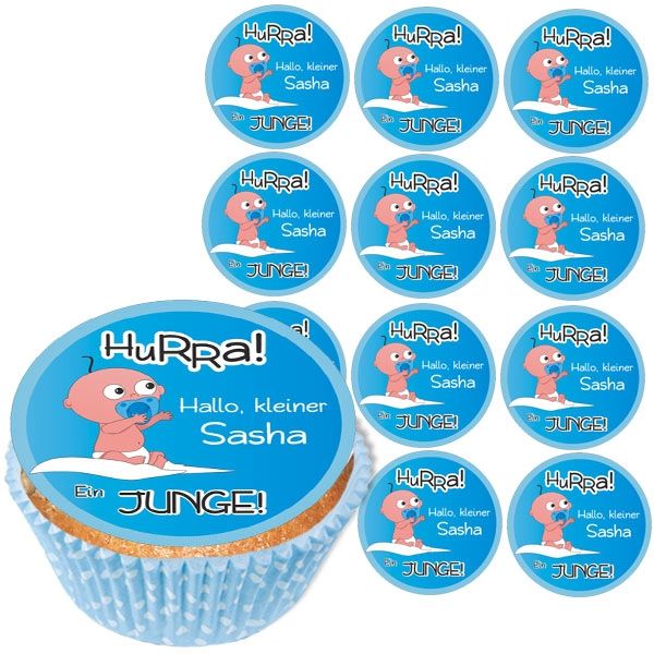 Personalisierte Muffinaufleger, 12er, Hurra Baby Boy, Z12 Personalisierte Muffinaufleger, 12er, Hurra Baby Boy, Z12 von Geburtstagsfee