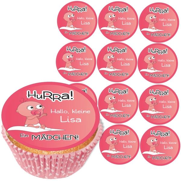 Personalisierte Muffinaufleger, 12er, Hurra Baby Girl, O12 Personalisierte Muffinaufleger, 12er, Hurra Baby Girl, O12 von Geburtstagsfee