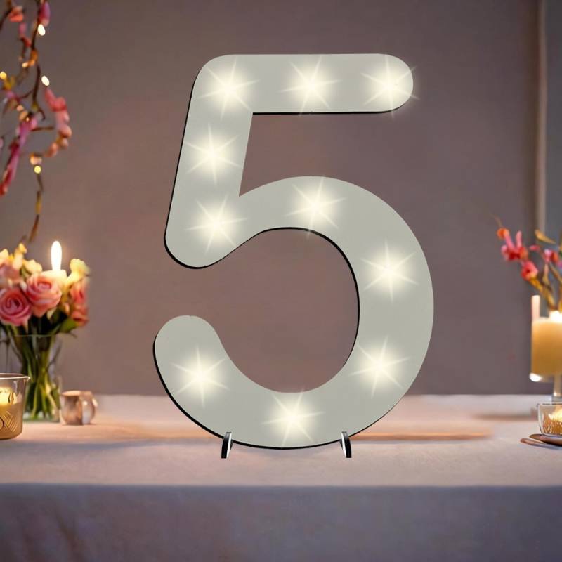 XXL Zahl weiß zum 5. Geburtstag, mit 10 LEDs, ca. 17cm x 30cm