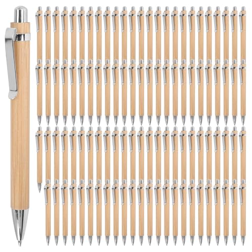 Happysnow 100 StüCk Bambus Kugelschreiber Stift - Blaue Tinte - Holzfarbe - BüRo & Schul Bedarf - Geschenke von Happysnow