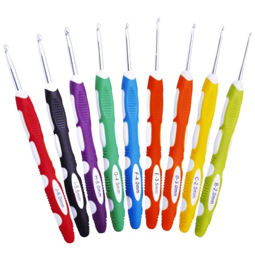 9-teiliges Häkelnadel-Set, 2 mm (B) – 6 mm (J), Stricknadeln mit weichem Gummigriff, ergonomisches Häkelnadel-Set für Häkelgarn, Anfänger (zufällige Farbe) von Happyupcity