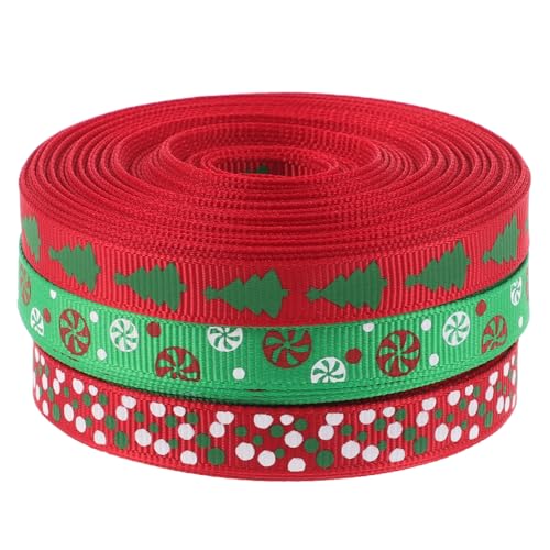 Happyyami 3 Rollen Geschenkband: Festlich bedrucktes Weihnachtsband für Geschenksträuße, Kuchenverpackungen, Weihnachtsdeko, zum Basteln, Kränze und als Partydeko von Happyyami