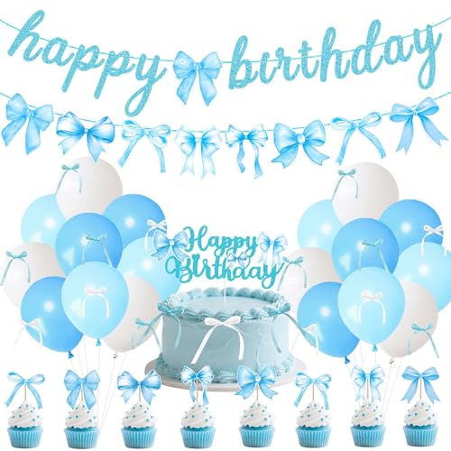 Blaue Schleife Geburtstag Dekorationen Glitzer Schleife Happy Birthday Banner Girlande mit Blau Weiß Luftballons Band Kuchen Cupcake Toppers für Baby Shower Bow Motto Party Dekor Kokette Party von Haptda