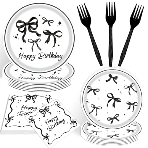Schwarze Schleife, Teller und Servietten für schwarze Schleife, Party-Dekorationen, schwarze und weiße Schleife, Servietten, Teller, Gabeln, Geschirr-Set für Babyparty, Mädchen, Kokette Schwarze Schleife, Teller und Servietten für schwarze Schleife, Party-Dekorationen, schwarze und weiße Schleife, Servietten, Teller, Gabeln, Geschirr-Set für Babyparty, Mädchen, Kokette von Haptda
