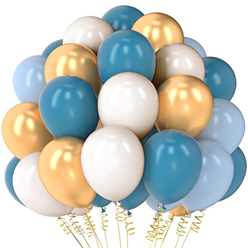 Staubig Blau Sand Weiß Luftballons 12 Zoll Schiefer Blau und Beige Creme Metallic Gold Latex Ballon für Baby Dusche Geburtstag Party Dekorationen 55 Stück von Haptda