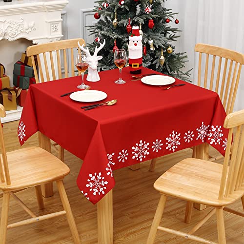 Hapterouse Tischdecke Weihnachts Tischdecken Rot Quadratisch Tischtuch Abwaschbar Wasserabweisend aus Polyester mit Schneeflocken für Weihnachten Festlich Tischdekoration 137x137cm von Hapterouse