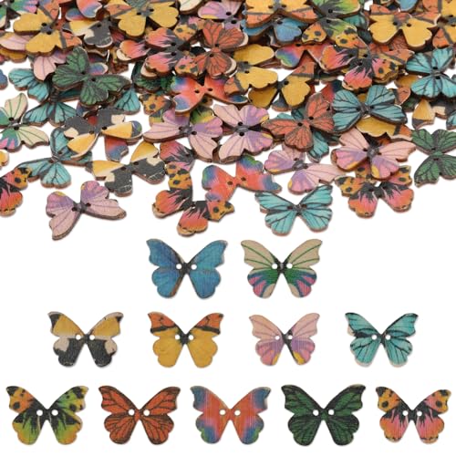 Schmetterling Holzknöpfe Bunt, 200 Stück 2 Löcher Schmetterling Knöpfe Gemischte Retro Bunte Deko Knöpfe für Nähen Handwerk Deko (20 x 28 mm) von Hariendny