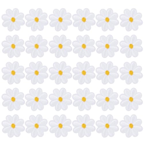 30 Stück Patches zum Aufbügeln, Weiß Gänseblümchen Blumen Patches Klett Bestickte Aufnäher Dekorative Bügelflicken für DIY Zubehör Rucksack Jeans Jacke Erwachsene Kinder von Hariendny