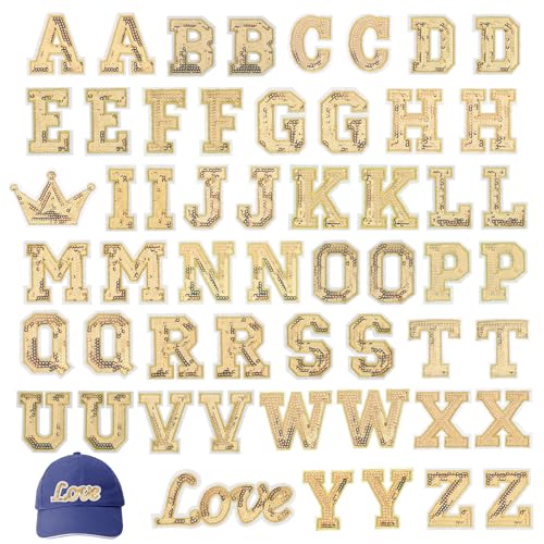 54 Stück Pailletten-Buchstaben-Aufnäher zum Aufbügeln, A-Z, Alphabet-Aufnäher, Glitzer-Aufnäher, Hotfix-Buchstaben-Aufnäher(Gold) von Hariendny