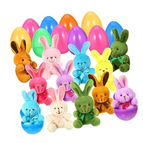 Harilla 12pcs vorgefüllte Ostereier mit Plüsch -Hasenspielzeug, Stofftiere Kaninchen farbenfrohe Korbfüller für Erwachsene, Jungen Mädchen, Kinder von Harilla