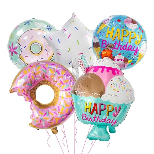 Harilla Eiscreme-Luftballons, Folienballons, Eiscreme-Süßigkeiten, Eisbecher, Süßigkeiten-Luftballons, Happy Birthday-Luftballons für Babyparty-Dekorationen, Halboffener Donut von Harilla