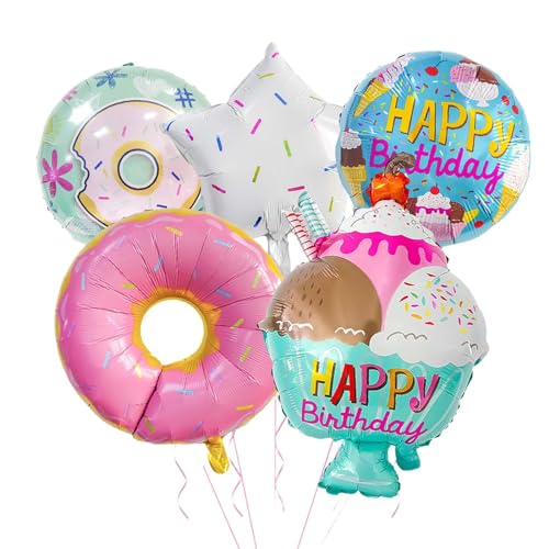 Harilla Eiscreme-Luftballons, Folienballons, Eiscreme-Süßigkeiten, Eisbecher, Süßigkeiten-Luftballons, Happy Birthday-Luftballons für Babyparty-Dekorationen, Rosa Donut von Harilla