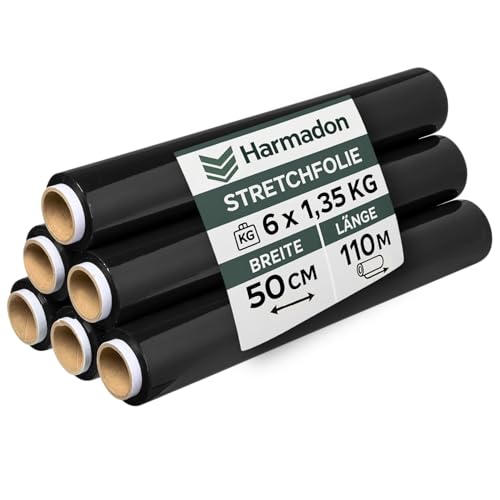 Harmadon 6 Stück Stretchfolie Schwarz 50 cm - Starke Folie für Möbel - Verpackungsmaterial 110 m - Verpackungsfolie für Umzugskartons - Strechfolienrolle - Möbelfolie 1,35 kg von Harmadon