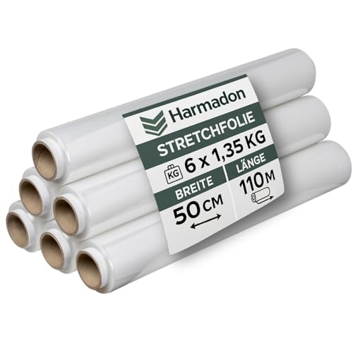 Harmadon 6 Stück Stretchfolie Transparent 50 cm - Starke Folie für Möbel - Verpackungsmaterial 110 m - Verpackungsfolie für Umzugskartons - Strechfolienrolle - Möbelfolie 1,35 kg von Harmadon