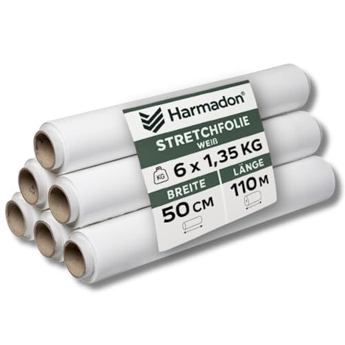 Harmadon 6 Stück Stretchfolie Weiß 50 cm - Starke Folie für Möbel - Verpackungsmaterial 110 m - Verpackungsfolie für Umzugskartons - Strechfolienrolle - Möbelfolie 1,35 kg von Harmadon