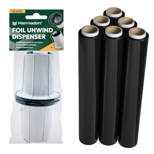 Harmadon 6 Stück Stretchfolie mit Abroller Satz - Schwarz Verpackungsfolie und Stretch Folie Abroller - Verpackungsmaterial 50cm x 110m - Komplettes Verpackungsset - Wickelfolie mit Gleithülse Harmadon 6 Stück Stretchfolie mit Abroller Satz - Schwarz Verpackungsfolie und Stretch Folie Abroller - Verpackungsmaterial 50cm x 110m - Komplettes Verpackungsset - Wickelfolie mit Gleithülse von Harmadon