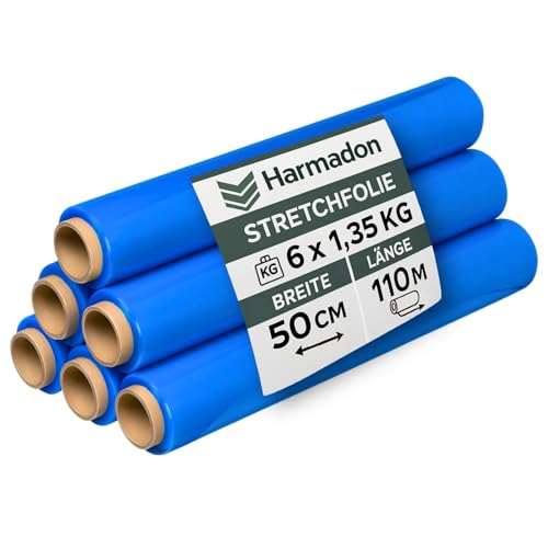 Harmadon Langlebige Stretchfolie Blau 50 cm Breit - 6 Stück Starke Folie für den Lagereinsatz - Verpackungsmaterial 110 m - Verpackungsfolie für Umzugskartons - Strechfolienrolle - Wickelfolie von Harmadon