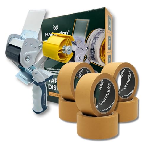 Harmadon Set Paketbandabroller und 6 Stück Papierklebeband 50m - Abroller und Klebeband-Set sehr Gute Haftung - Klebebandabroller mit Verpackungsbänder - Gebrauchsfertiges Kit mit Paketband von Harmadon