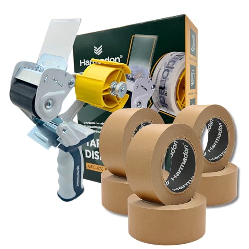 Harmadon Set Paketbandabroller und 6 Stück Papierklebeband 66m - Abroller und Klebeband-Set sehr Gute Haftung - Klebebandabroller mit Verpackungsbänder - Gebrauchsfertiges Kit mit Paketband von Harmadon
