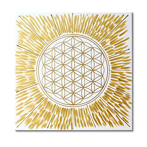 Wandbild Blume des Lebens in Gold "Licht" - HANDGEMALT - Größe 50x50 cm - Lebensblume in GOLD mit Acrylfarbe gemalt - Leinwandbild auf viereckigen Keilrahmen gespannt | MADE IN GERMANY von HARMONIE IM GANZEN