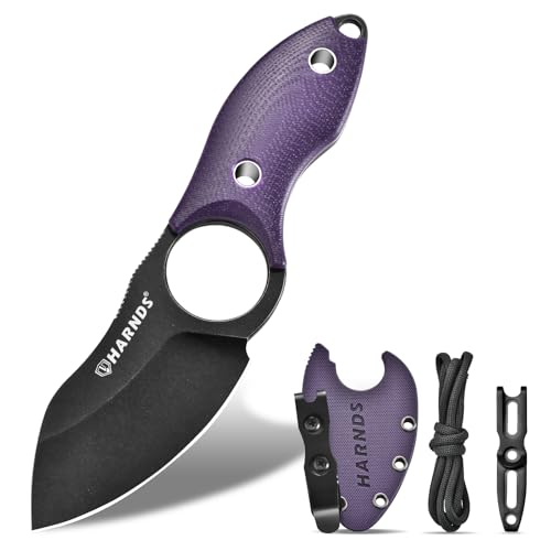 Harnds Feststehendes Messer Klein Neck Knife Full Tang Messer Campingmesser, EDC Messer mit D2 Stahl und G10 Griff zum Fischen und Häuten, Eggplant von Harnds