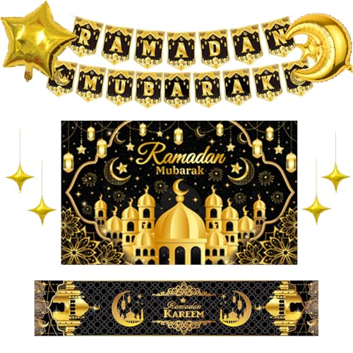 Ramadan Deko Umrah Mubarak Banner Tischdecke Hintergrundtuch Dekoration Eid Goldene Schwarz Sterne und Monde Eid Muslimische Islamische Festival Zubehör Party von HarnyLoom