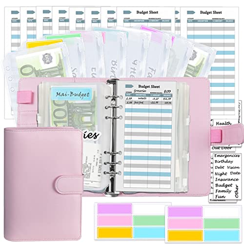 A6 Budgetplaner-Kit, geld organizer, leder ringbuch mit Geldumschlägen, Budgetminen, passenden Aufklebern und Etikett, 7,4x5,71" (Harphia, NPNB-140F-A6-Pink) von Harphia