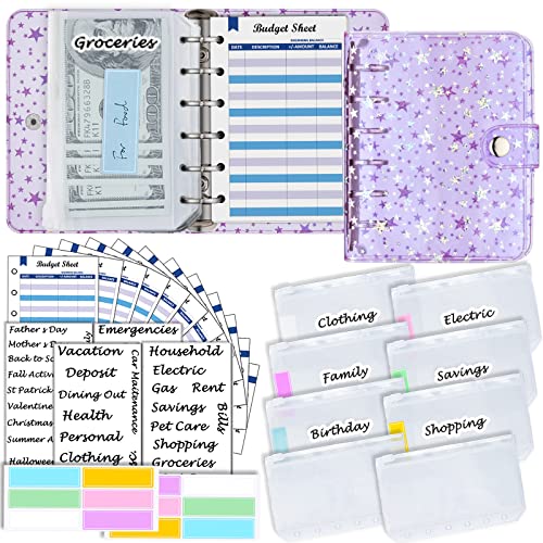 A7-Mappe aus weichem lila PVC mit Sternen 5,39 x 4,33 Zoll, mit Mini-Ordner-Reißverschlusstaschen x8, Budgetblättern x12, Geldumschlagaufklebern x42, Etikettenaufklebern x12, Geldorganisator A7-Mappe aus weichem lila PVC mit Sternen 5,39 x 4,33 Zoll, mit Mini-Ordner-Reißverschlusstaschen x8, Budgetblättern x12, Geldumschlagaufklebern x42, Etikettenaufklebern x12, Geldorganisator von Harphia