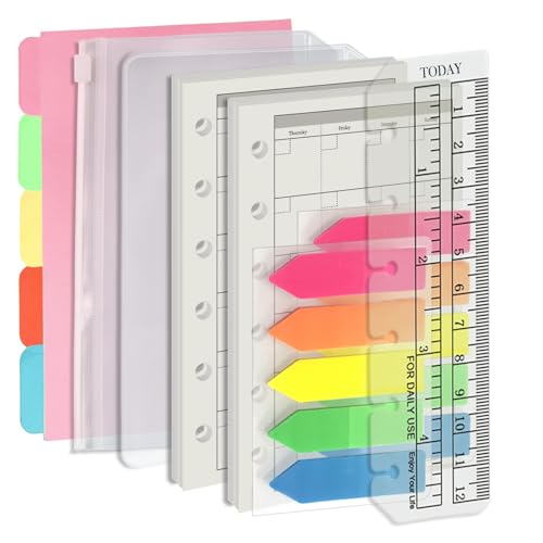 Harphia A7 6-Loch-Heftfüllsatz Wertpaket, 90 Blatt Papier mit Aufklebern und Trennern, Planer-Einsätze mit Heft-Taschen für A7 nachfüllbares Notizbuch -Monat von Harphia