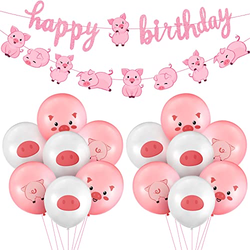 32 Stück Schweine Geburtstag Party Dekoration Rosa Schwein Tier Happy Birthday Banner Latex Ballons Schwein Luftballon für Kinder Baby Shower Geburtstag Rosa Bauernhof Thema Party Deko von Harrycle