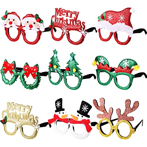 Harrycle 9er Pack Weihnachten Brillenrahmen Glitzer Brillen Neuheit Weihnachten Kostüm Brillen Geschenk für Kinder Erwachsene Urlaub Party Mitgebsel Weihnachten Fotoautomat von Harrycle