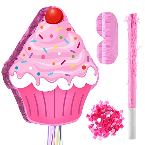 Eiscreme Geburtstag Pinata Cupcake Donut Kuchen Eiswaffel Pinata Kleine Zugschnur Pinata mit Stab Augenmaske für Kinder Mädchen Geburtstag Party Babyparty Spiele Deko (Cupcake) von Harrycle