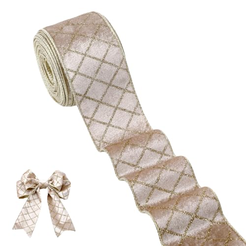 Harrycle Samtband mit Draht, 6,3 m, champagnerfarben, metallisches Diamant-Glitzer-Gitterband für Weihnachtsbaum, Geschenkverpackung, Schleifen, Kränze von Harrycle