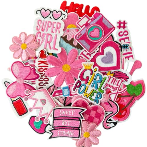 Harsgs Pink Style Iron on Patches, Embroidered Vintage Girl Patches, Cute Applique Patches for Clothing, Jackets, Hats, Backpacks, Jeans (32 Stück) von Harsgs
