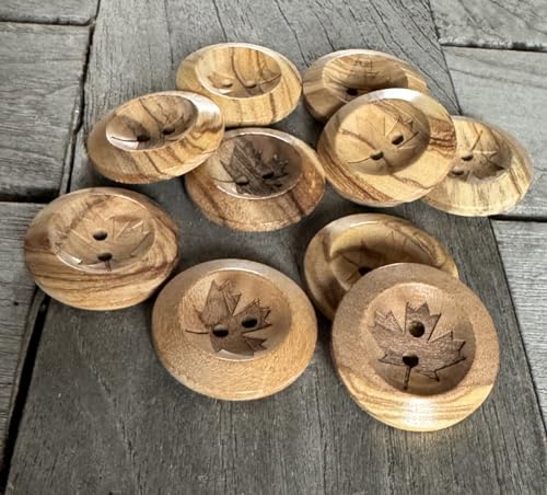 10 Stück Holz Knöpfe 2 Loch 15mm, 20mm oder 25mm aus echtem Olivenholz mit Ahorn Blatt Motiv Holzknopf Natur (20mm) von Hartmann-Knöpfe