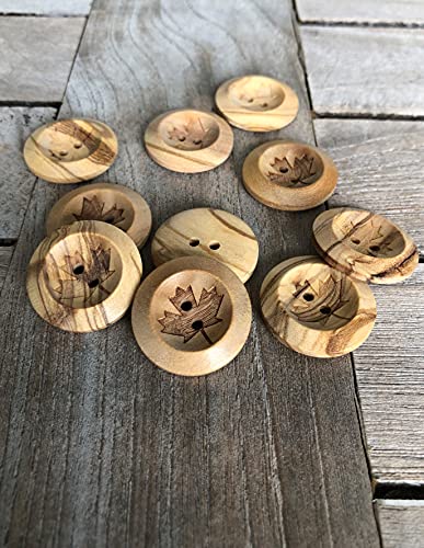 10 Stück Holz Knöpfe 2 Loch 15mm oder 25mm aus echtem Olivenholz mit Ahorn Blatt Motiv Holzknopf Natur (15mm) von Hartmann-Knöpfe