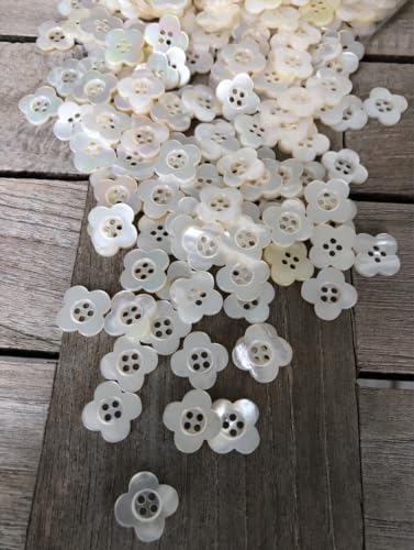 10 Stück kleine 14mm echt Perlmuttknöpfe in Blütenform creme weiss Blume 4-Loch flach Blusenknöpfe von Hartmann-Knöpfe