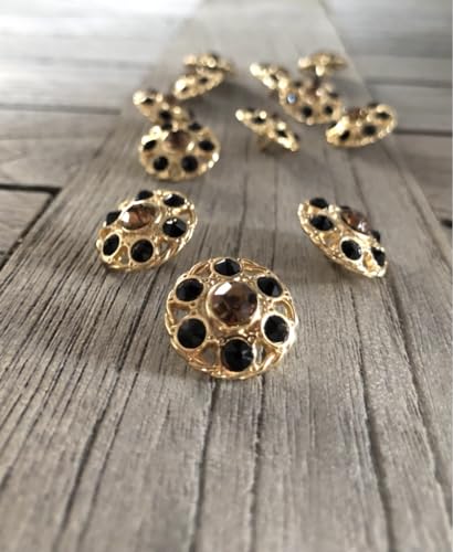 3 Stück Glitzer Swarovski Strass goldene Metall Knopf Schmuckknopf Ösenknöpfe 18mm made in Germany (schwarz/braun) von Hartmann-Knöpfe