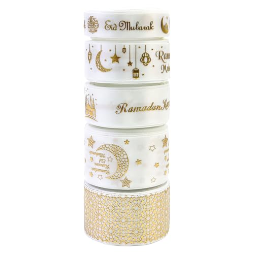 27,7 m Kombinationsset, goldfarbenes Eid Mubarak, bedrucktes Satinband, Ramadan-Mubarak-Geschenkband für muslimische Al-Fitr Partyzubehör, Dekoration (029White-02) von Harvey Sky
