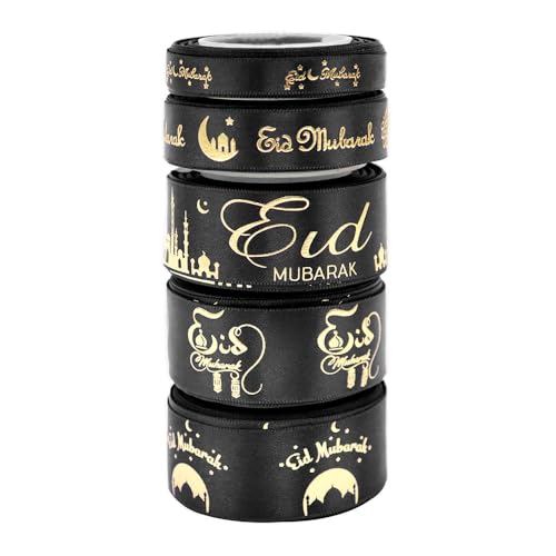 27,7 m Kombinationsset, goldfarbenes Eid Mubarak, bedrucktes Satinband, Ramadan-Mubarak-Geschenkband für muslimische Al-Fitr Partyzubehör, Dekoration (030Black-01) von Harvey Sky