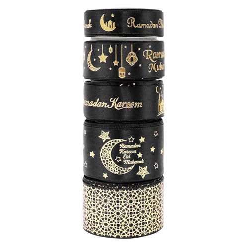 27,7 m Kombinationsset, goldfarbenes Eid Mubarak, bedrucktes Satinband, Ramadan-Mubarak-Geschenkband für muslimische Al-Fitr Partyzubehör, Dekoration (030Black-02) von Harvey Sky