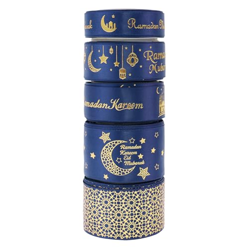 27,7 m Kombinationsset, goldfarbenes Eid Mubarak, bedrucktes Satinband, Ramadan-Mubarak-Geschenkband für muslimische Al-Fitr Partyzubehör, Dekoration (371InkBlue-02) von Harvey Sky