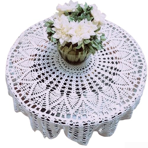 Hasaller Handgehäkelte Baumwoll-Tischdecke mit Blumenmuster, Vintage, rund, Esstisch-Overlay, 165 cm Durchmesser Hasaller Handgehäkelte Baumwoll-Tischdecke mit Blumenmuster, Vintage, rund, Esstisch-Overlay, 165 cm Durchmesser von Hasaller