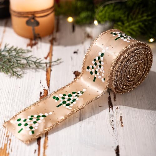 Urlaubsdekorationsband mit bedrucktem Schalottenmuster für Weihnachtskränze, Blumenarrangements und kreative saisonale Bastelarbeiten (Khaki) von Hasaller