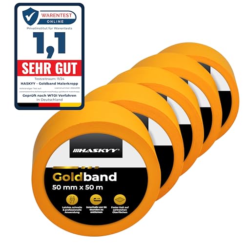 HASKYY Goldband Malerband Kreppband 50mm x 50m 5x Profi Malerkrepp Klebeband Abdeckband von HASKYY